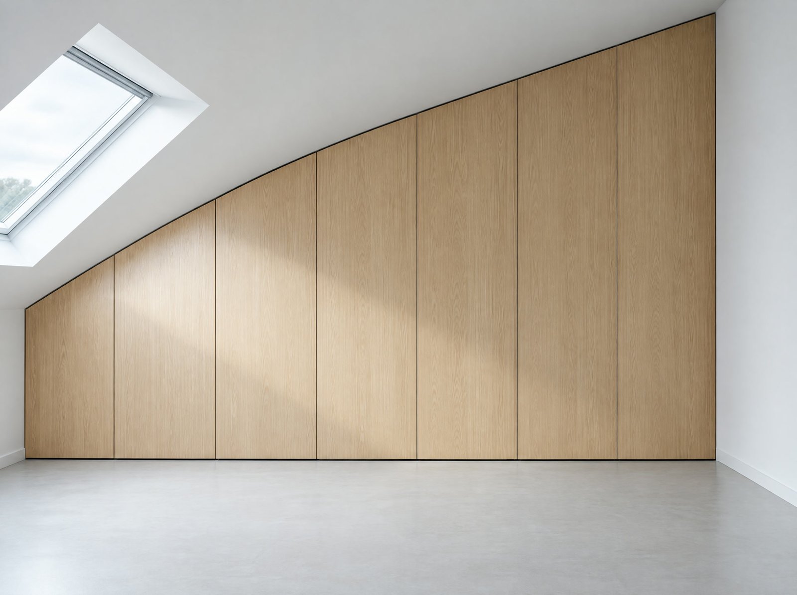 Einbauschrank unter einer Dachschräge, Eiche, bündig bis unter die Schräge gebaut
